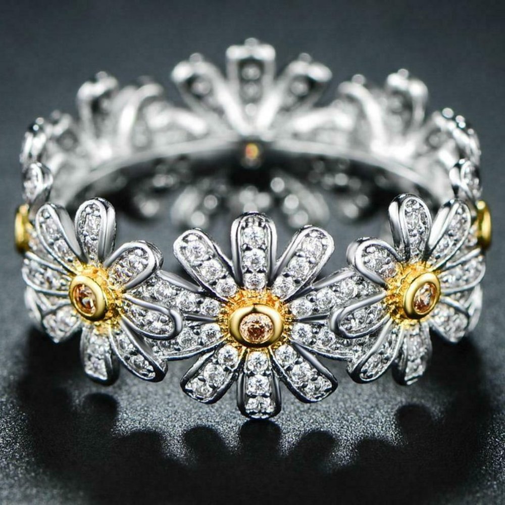 Barzel 18K White Gold Plated Floral Sunflower Ring - Picture 2 of 3